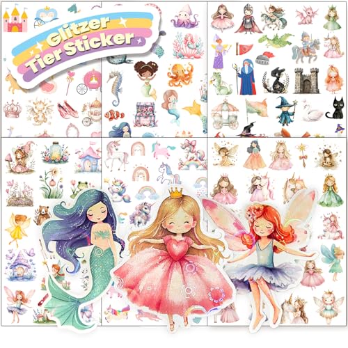 Hongma Fairy Tale Glitter Stickers with Glitter Effect, 6 Pieces, Over 150 Motif, Glitter Stickers, Fairy Stickers, Holographic Stickers for Children, Girls, Scrapbooking, Photo Album, Gifts (Not