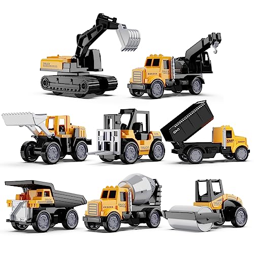 HONGTUO Alloy Mini Construction Vehicles, 8Pcs Die-cast Construction Toys Set, Excavators Mixer Truck Bulldozers Forklift Dump Truck, Pull Back Car Toys for Toddlers Kids Boys & Girls
