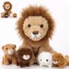 Honoson 5 Pcs Lion Plush Set 14 Inch Large Lion Stuffed Animal with 4 Cute Babies in Back Soft Cuddly Plushie for Boys Girls Birthday Favors Gifts Party (Cute Style)