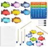 HOOJOJO Magnetic Fishing Sight Word Game, 32 Thicken Double Sided Dry Erase Fish Cards, 3-Level High Frequency Word Cards, 5 Wooden Fishing Pole, Literacy Game Set