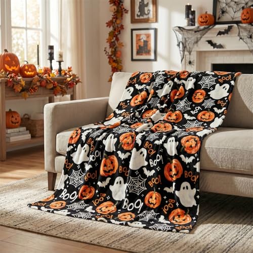 Horaldaily Halloween Flannel Blanket Throw,Black Pumpkin Goblin Bat Boo Spider Web Hallowmas Soft Fuzzy Plush Cozy Fleece Blankets for Couch Sofa Bed Decor, Ideal Gifts for Kids Adults 60x80