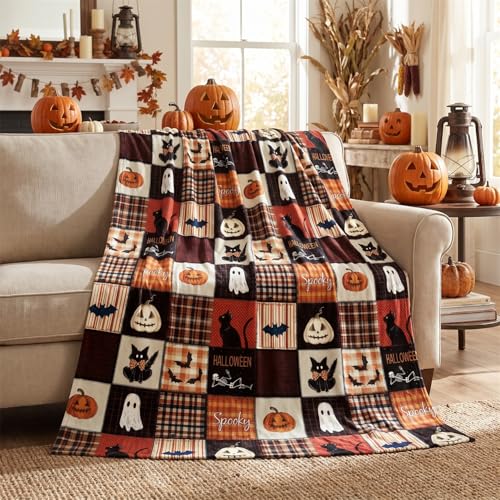 Horaldaily Halloween Flannel Blanket Throw,Grid Funny Face Pumpkin Cat Black Orange Hallowmas Soft Fuzzy Plush Cozy Fleece Blankets for Couch Sofa Bed Decor, Ideal Gifts for Kids Adults 40x50