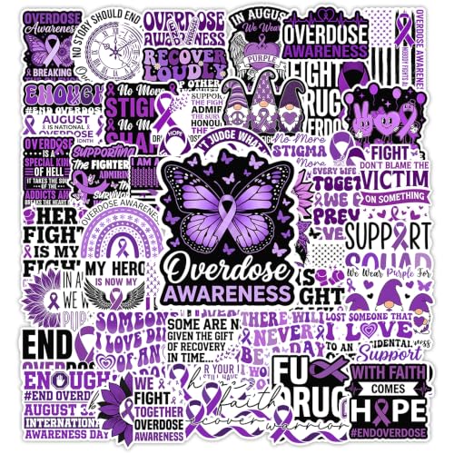 HOSALA (55Pcs) Overdose Awareness Sticker Pack, Motivational Sober Recovery Overdose Awareness Ribbon Sticker, Acddiction Recovery Gift, Sobriety Decor for Laptop Tablet Water Bottle Helmet Vehicles