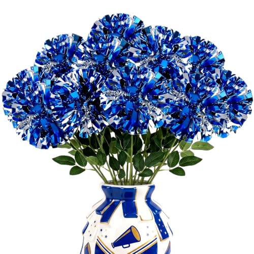 Hotop 12 Pcs Metalic Cheerleading Pom Poms with Artificial Flower Branch Cheerleader Artificial Bouquet Cheerleading Rose Gift for Women Cheer Team Game Day Sport Party Decor (Blue Silver,Classic)