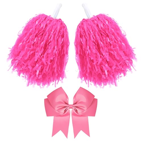 Hotop 3 Pcs 10 in Cheerleading Pom Poms and Large Cheerleader Hair Bow Cheer Pompoms Cheerleading Accessories for Sport Events Dance Party Basketball Football Team(Pink,Classic)