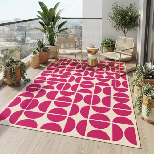 Hot Pink Cream Mid-Century Modern Rugs Bauhaus Semicircle 10x12 Geometric Rug for Girl's Bedroom Living Room Nursery Playroom Soft Pet Friendly Carpet Funky Classroom Apartment Dorm Low Pile Mats