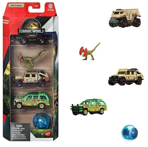 Hot Wheels Jurassic World Toy Cars, Trucks & Dinosaur, 5-Pack with 4 1:64 Scale Die-Cast Toy Vehicle & 1 Dinosaur from The Franchise (Set 1)