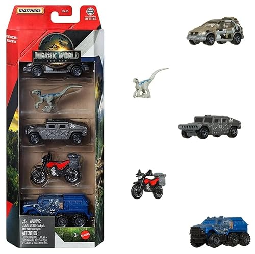 Hot Wheels Jurassic World Toy Cars, Trucks & Dinosaur, 5-Pack with 4 1:64 Scale Die-Cast Toy Vehicle & 1 Dinosaur from The Franchise (Set 2)