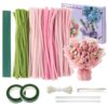 houlishu 400 Pcs Pipe Cleaners Craft Kit - 300 Pink 100 Green Chenille Stems with Floral Wires Stamens Ribbon Adhesive Tapes for DIY Flower Making
