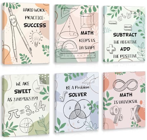 HOURIA 6pcs Framed Classroom Math Canvas Wall Art Set(8"x10"),Equations Geometry Function Symbols Wall Decor, Eucalyptus Inspirational Education Mathematical Art Print for Middle School Classroom Study Room