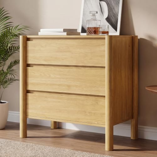 HOUROM Oak3-Drawer Dresser for Bedroom,Oak Mid-Century Modern Chest with Solid Wood Legs,Concealed Handle,Large Wood Storage Organizer,Small Wooden Storage Bedside Table Nightstand for Bedroom