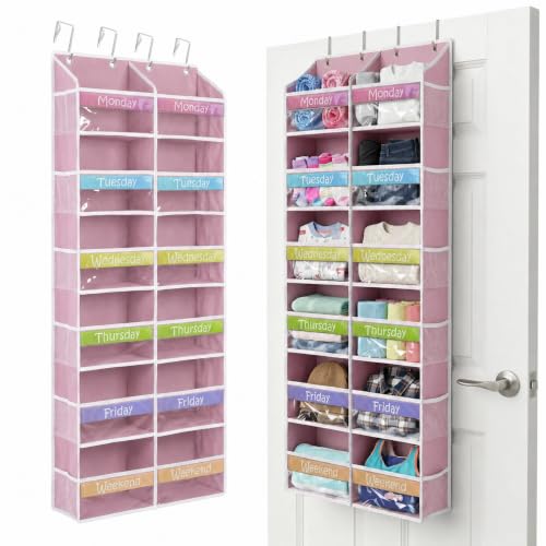 Housables Weekly Clothes Organizer for Kids, Days of the Week Clothes Organizer, Kids Closet, Daily Outfit Storage, Monday through Friday Clothing, Weekday, School, Hanging, Over Door, 12 Shelf, Pink