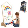 House-Shaped Kids Art Easel, Double-Sided Magnetic Drawing Board with Whiteboard and Chalkboard for Toddlers, Natural Pine Wood Standing Doodle Station, Playroom Educational Gifts Double Sided