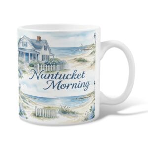 House Ceramic Coffee Mug, Coastal Fanciful Ocean Lighthouse Summer Blue Novelty Hot Chocolate Mug with Handle Ideal for Friendship Family Colleague Teachers Sweetheart Staff 11 Oz