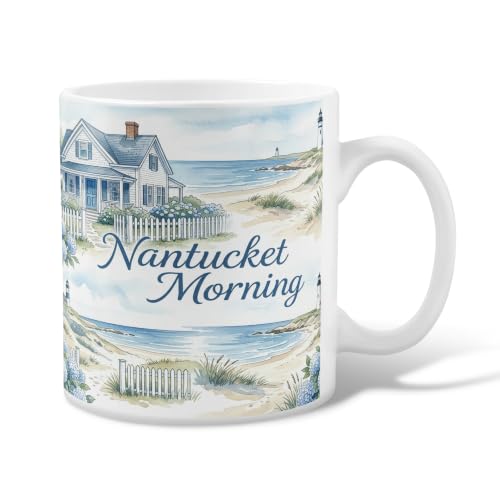 House Ceramic Coffee Mug, Coastal Fanciful Ocean Lighthouse Summer Blue Novelty Hot Chocolate Mug with Handle Ideal for Friendship Family Colleague Teachers Sweetheart Staff 11 Oz