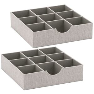 Household Essentials Drawer Organizer Tray with Fabric Cover and 9 Square Compartments, Gray, Set of 2