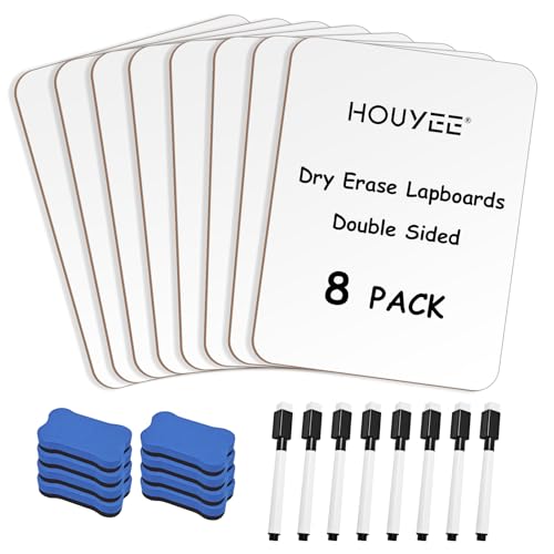 HOUYEE 8 Pack Small White Board Dry Erase Boards, 9 x 12 Inch Double Sided Mini Dry Erase LapBoards with 8 Erasable Pen & 8 Erasers, Handheld Whiteboards Suitable for Offices, Homes, Classrooms