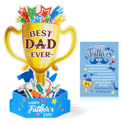 HOWAF Pop Up Father's Day Card, Best Dad Ever Trophy 3D Cards, Happy Fathers Day Greeting Card from Daughter Son Wife, Fathers Day Gift Cards for Dad Daddy Grandfather Husband Man