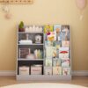 HRVEOCEI Multifunctional 4 Tier Wooden Bookshelf for Nursery, Book Shelf for Kids Room,Toy Storage Organizer, Montessori Book Shelf with Bookcase Display Stand for Children Toddlers (Gray)