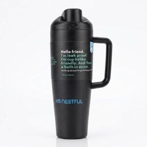 HS NESTFUL 40oz Insulated Water Bottle with Handle & Built-in Straw, Leak Proof Stainless Steel Tumbler, Cup Holder Friendly Travel Mug for Gym, Work & School, (Black)