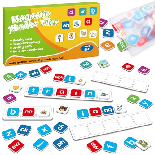 HugHush Magnetic Letter Tiles, Phonics Spelling Games Speech Therapy Phonemic Awareness Alphabet Fridge Magnets Learn to Read Science Reading Manipulative Elkonin Box Preschool Kindergarten Classroom