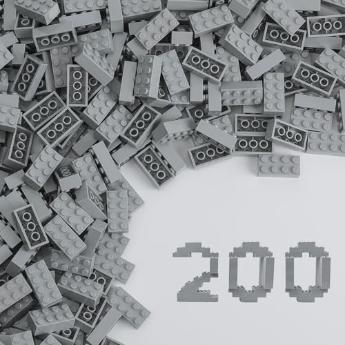 HUIZDQ 200 Piece Classic Small Building Bricks, 2x4 Building Blocks STEM Creative Build Toys, MOC Bulk Bricks DIY Play Set for Kids Age 6+(Light Grey, Small Bricks, 1.25x0.62x0.47 in)