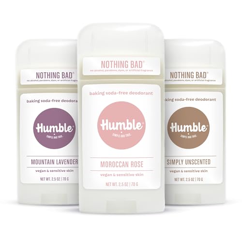 Humble Aluminum-Free Deodorant for Women & Men, Lavender, Rose & Unscented - Baking Soda-Free Natural Deodorant Stick for Sensitive Skin with Essential Oils for Long-Lasting Odor Control