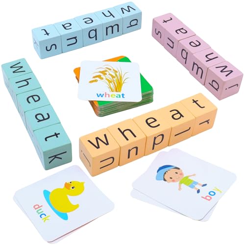 Humerry Spelling Games for Kids Ages 3-8, Phonics Matching Game with 54 Flash Cards & 20 Letter Blocks, CVC & Sight Word Building Reading Game, Classroom Must Haves for Preschool & Kindergarten