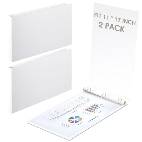 Humyoun 2 Pcs 11 x 17 Inch 3 Ring Binders 1.5 Inch Rings Heavy Duty View D Ring Binders Economy Holds 11" x 17" Paper for Artwork Blueprints, Office, Home, Work Places (White)