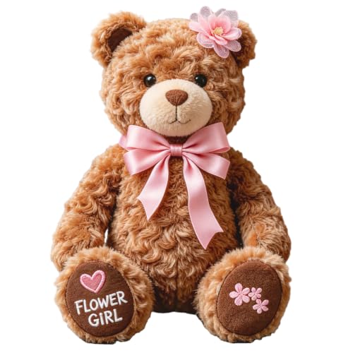 Hungdao 1 Pcs Flower Girl Stuffed Bear 7.87 Inch Soft Plush Animal Toys with Pink Bow Embroidered Floral Wedding Proposal Party Gift and Keepsake for Flower Girl from Bride (Brown)