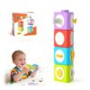 HUNKING Activity Cubes & Stacking Toy Blocks Set of 4,12-in-1 Montessori Toys for 1-2 Years Old,Educational Activities Sensory Travel Toys for Airplane & Car, Perfect Birthday for Toddlers