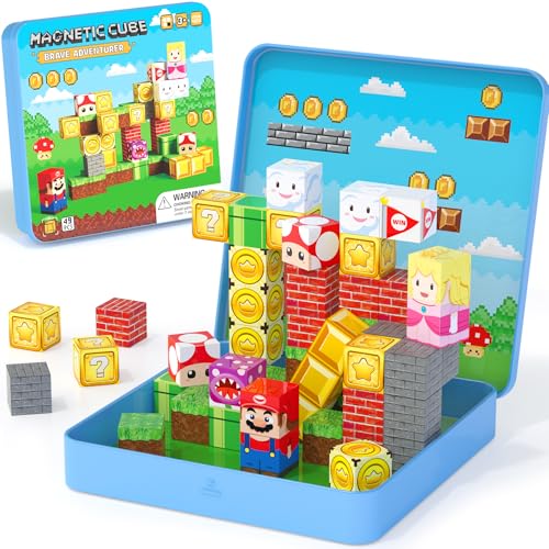 hunloot 49PCS Mini Magnetic Tiles Travel Toys for Kids Ages 4-8, Magnetic Building Blocks Adventure Set with Portable Iron Storage Box & Play Base, STEM Learning Activities for Toddlers 3-5