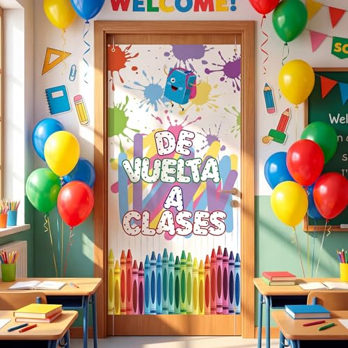 HunnmingRe De Vuelta a Clases Crayon Classroom Door Decor Bienvenidos Banner En Espanol First Day of School Door Cover Spanish Welcome Crayon Banner Wall Decor Porch Sign for Classroom
