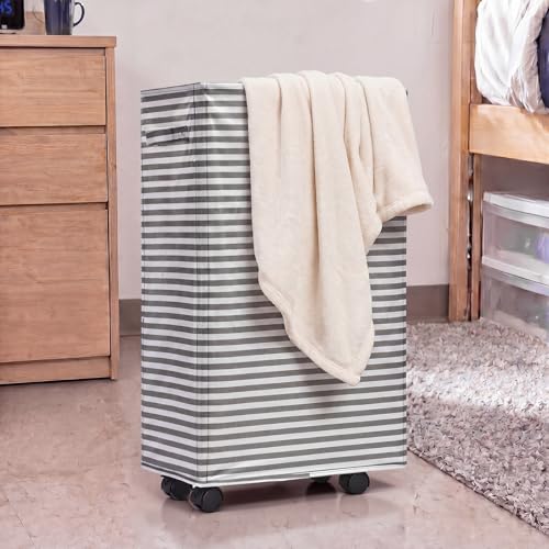 Hushee 2 Pack Laundry Hamper with Wheels, 70l Slim Narrow Rolling Laundry Basket Dirty Clothes Hampers for Bedroom Bathroom Household Dorm Daily Corner Garment Organizer Space Saving, Grey Striped