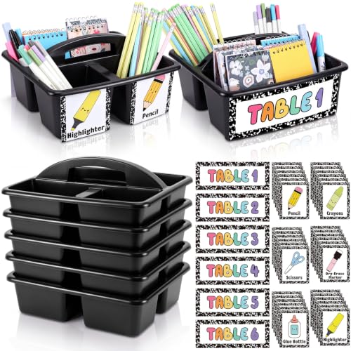 Hushee 6 Pcs Classroom Caddy Plastic Stackable Caddy Organizer with Handle 3 Compartment with 42 Label Portable Craft Basket Organization Storage for Desk Teacher Office School Supplies(Black)