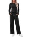 Huukeay 2 Piece Nursing Set Breastfeeding Long Sleeve Zipper Ribbed Sweater Wide Leg Pants Postpartum Lounge Airport Outfits(Medium,Black)