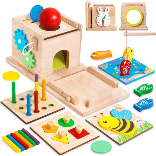 HUZU 8-in-1 Montessori Wooden Activity Cube Toy Set, Toddler Learning Toys for 1 2 3 Year Old Boys Girls, Sensory Developmental Busy Board with Shape Sorter, Fishing Game, Gears, Clock and Puzzle