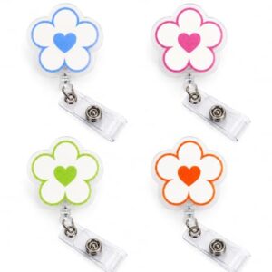 HWSDSGO 4 Pack Flower Badge Reels, Cute Retractable ID Badge Holder Clips with Clear Snap Strap, Floral Badge Reel Set for Nurses, Teachers, Office Staff, Students, Blue Pink Green Orange