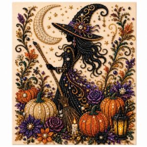 HXYDGQ Halloween DIY Beaded Art Kit, Pumpkin Ghost Witch Crow Canvas Craft for Fall Home Decor (Witch)