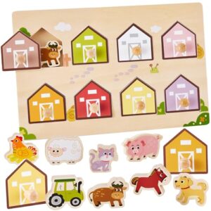 HYAKDIS Large Farm Animal Matching Barn Puzzle, 8 Pcs Wooden Peg Puzzles for Toddlers Baby 18+ Months, Animal Knob Puzzles for Shape Sorter & Color Match