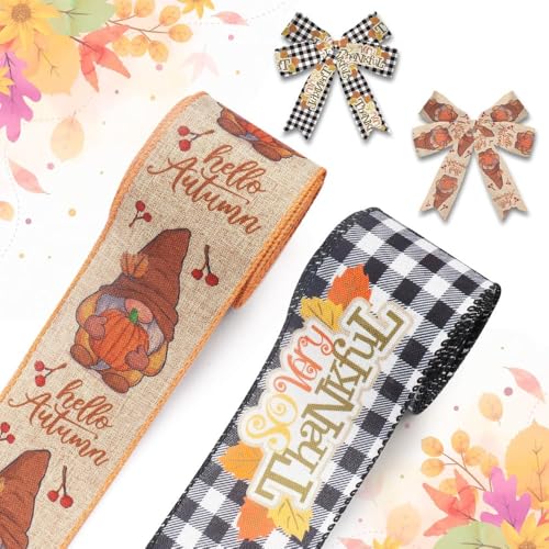 Hying 2 Rolls Fall Gnomes Ribbons for Wreath Bows, Thanksgiving Wired Edge Ribbon Natural Burlap Ribbons Autumn Pumpkin Leaves Craft Ribbon for Gift Wrapping Fall Thanksgiving Decorations Supplies