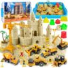 Hymaz Construction Sensory Bin for Toddlers, Kids Play Sand Kit Toys Sandbox with 2.2lbs Magic Sand, 6Pcs Alloy Construction Trucks, Crane, Molds, Road Signs, Shovel, Preschool Gifts for Boys Age 3-8