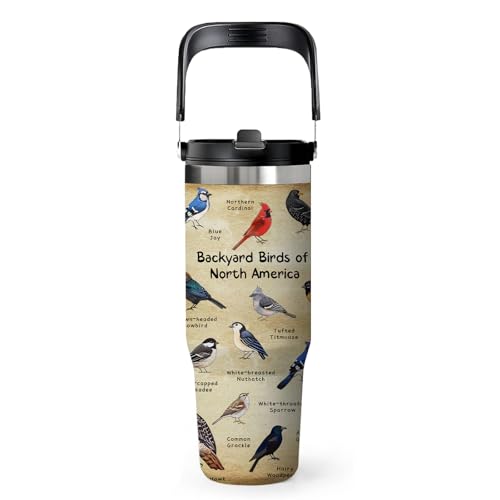 HYMONA Bird Tumbler Cup with Handle 30 oz with Lid and Straw, Leak-proof Insulated Stainless Steel Coffee Tumbler with Bird Illustration Pattern and Species Names, Gift for Birds Watcher Nature Lover