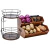 HYPIGO Wood Pantry Storage Basket and Fruit Basket Set, Stackable Kitchen Counter Organizer for Potatoes, Onions, Bread and Produce