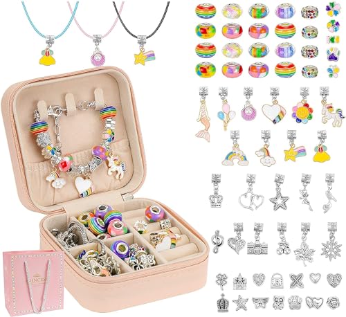 Hysagtek Charm Bracelet Making Kit - 66 Pcs DIY Jewelry Making Kit Bracelet Making Kit Beads Necklace Crafts for Teen Girls with Portable Bracelet Organizer Box, Rainbow