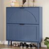 IAISRO Shoe Storage Cabinet with 2 Flip Drawers, Narrow Wood Shoe Organizer Cabinet with Fluted Panel, Slim Shoe Rack for Entryway, Freestanding Shoe Cabinet for Living Room, Hallway, Blue