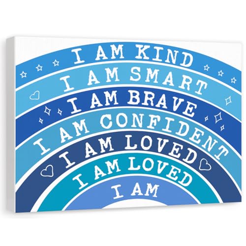 I Am Kind Inspirational Canvas Wall Art,I Smart Brave Boho Blue Rainbow Positive Affirmations Painting Print Poster Artwork for Nursery Kid'S Bedroom Classroom Playroom Decor 12x16 inch