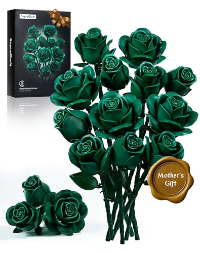 iATOM Green Rose Bouquet Building Set, 12Pcs Fake Flowers Botanical Collection Gift for Adult, Mothers Day and Saint Patricks Day Decorations for Her/Girlfriend/Mom/Wife/Couple