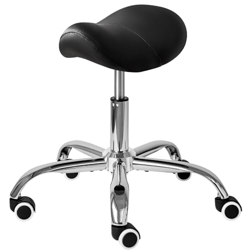 IBUYKE Leather Saddle Stool with Wheels, Adjustable Rolling Stool 14"-20", Comfortable Chair for Medical Massage Salon Kitchen Spa Tattoo Office, Ergonomic Swivel, Black WBD028B