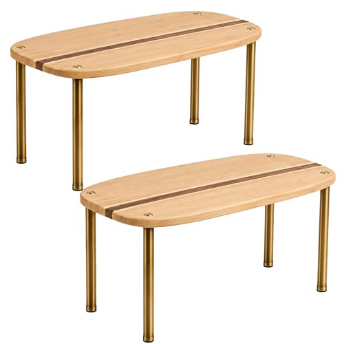 Ibyx Cabinet Organizer Set of 2 - Kitchen Pantry Organizers and Storage with Bamboo Top & Brass-Effect Metal Legs - for Kitchen Counter & Stackable Shelves for Cabinets with 22 lb Capacity - Natural